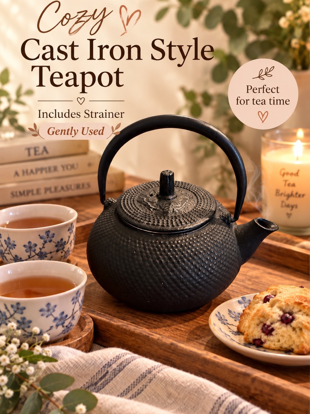 Black Cast Iron Style Teapot with Strainer - Cozy Tea Serving